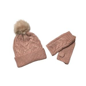Cable Knit Pom Pom Beanie and Gloves Set